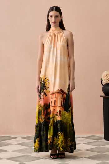 Zazu Peach Toscana Printed Maxi Dress 