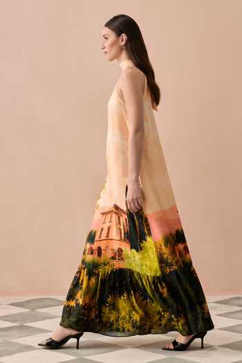 Zazu Peach Satin, Modal Halter Neck Toscana Printed Maxi Dress Online at Aza Fashions Zazu_Peach Satin, Modal Halter Neck Toscana Printed Maxi Dress _Online_at_Aza_Fashions