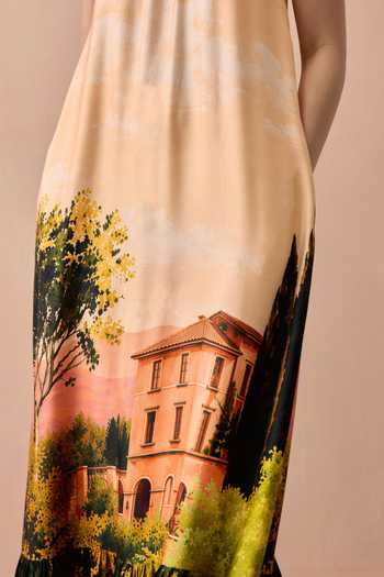 Buy Zazu Peach Satin, Modal Halter Neck Toscana Printed Maxi Dress Online at Aza Fashions Buy_Zazu_Peach Satin, Modal Halter Neck Toscana Printed Maxi Dress _Online_at_Aza_Fashions