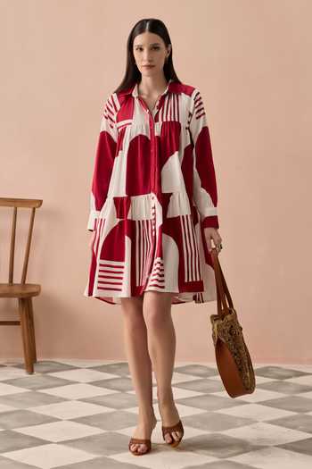 Zazu White Cotton Satin Collared Neck Merlot Matisse Printed Short Dress Online at Aza Fashions Zazu_White Cotton Satin Collared Neck Merlot Matisse Printed Short Dress _Online_at_Aza_Fashions