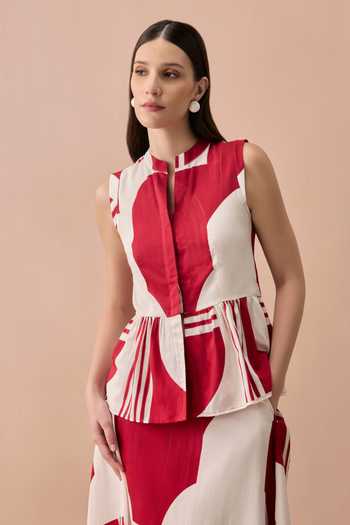 Zazu White Cotton Satin Mandarin Collar Merlot Matisse Top And Skirt Co-ord Set Online at Aza Fashions Zazu_White Cotton Satin Mandarin Collar Merlot Matisse Top And Skirt Co-ord Set _Online_at_Aza_Fashions
