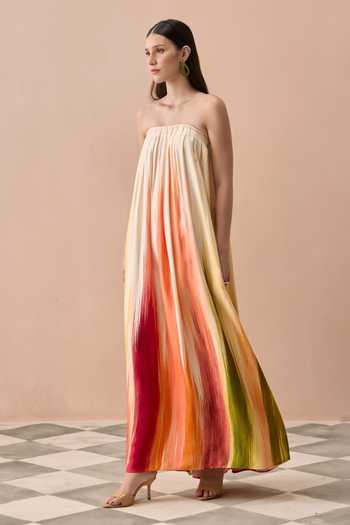Buy Zazu Multi Color Satin, Modal Bandeau Neck Sunset Coral Maxi Dress Online at Aza Fashions Buy_Zazu_Multi Color Satin, Modal Bandeau Neck Sunset Coral Maxi Dress _Online_at_Aza_Fashions