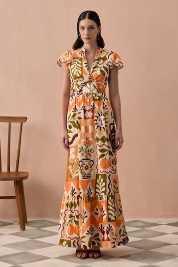 Zazu Multi Color Cotton Satin V-neck Terracotta Frida Maxi Dress Online at Aza Fashions Zazu_Multi Color Cotton Satin V-neck Terracotta Frida Maxi Dress _Online_at_Aza_Fashions