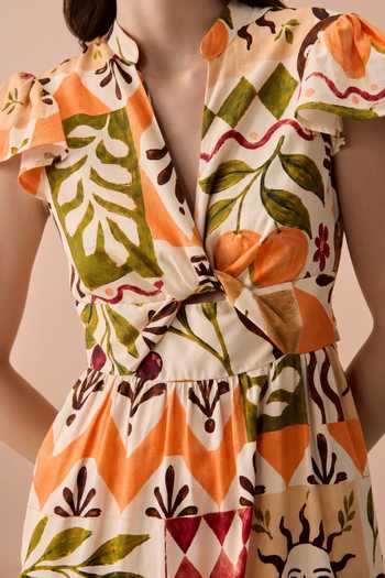 Shop Zazu Multi Color Cotton Satin V-neck Terracotta Frida Maxi Dress Online at Aza Fashions Shop_Zazu_Multi Color Cotton Satin V-neck Terracotta Frida Maxi Dress _Online_at_Aza_Fashions