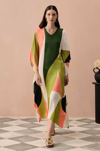 Zazu Multi Color Satin, Modal V-neck Olive Calder Block Kaftan Online at Aza Fashions Zazu_Multi Color Satin, Modal V-neck Olive Calder Block Kaftan _Online_at_Aza_Fashions
