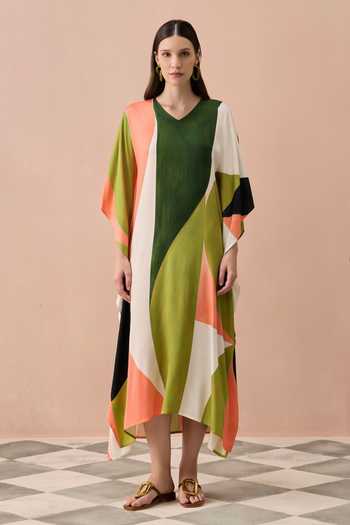 Buy Zazu Multi Color Satin, Modal V-neck Olive Calder Block Kaftan Online at Aza Fashions Buy_Zazu_Multi Color Satin, Modal V-neck Olive Calder Block Kaftan _Online_at_Aza_Fashions