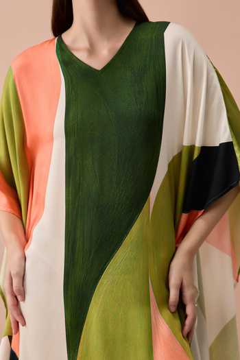 Shop Zazu Multi Color Satin, Modal V-neck Olive Calder Block Kaftan Online at Aza Fashions Shop_Zazu_Multi Color Satin, Modal V-neck Olive Calder Block Kaftan _Online_at_Aza_Fashions