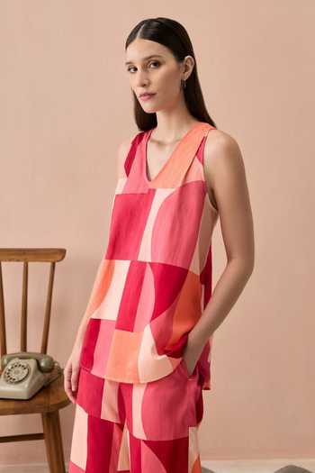 Zazu Multi Color Cotton Satin V-neck Blush Bordeaux Top And Trouser Co-ord Set Online at Aza Fashions Zazu_Multi Color Cotton Satin V-neck Blush Bordeaux Top And Trouser Co-ord Set _Online_at_Aza_Fashions