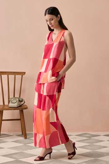 Shop Zazu Multi Color Cotton Satin V-neck Blush Bordeaux Top And Trouser Co-ord Set Online at Aza Fashions Shop_Zazu_Multi Color Cotton Satin V-neck Blush Bordeaux Top And Trouser Co-ord Set _Online_at_Aza_Fashions