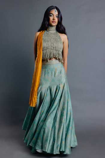 Punit Balana Sage Green Embroidered Blouse Skirt Set 