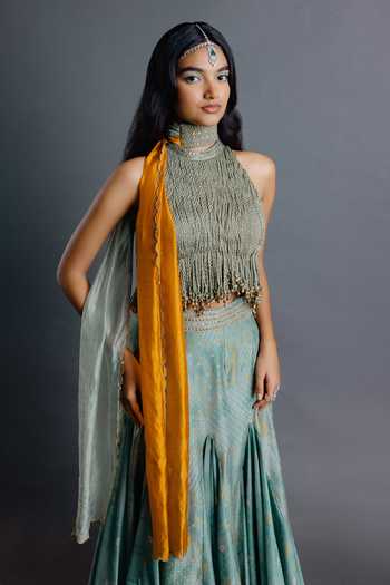 Punit Balana Sage Green Embroidered Blouse Skirt Set 