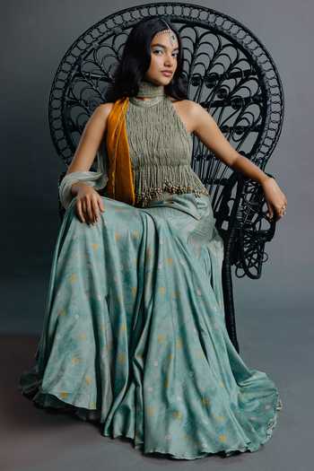 Punit Balana Green Chanderi Silk High Neck Sage Embroidered Blouse Skirt Set Online at Aza Fashions Punit Balana_Green Chanderi Silk High Neck Sage Embroidered Blouse Skirt Set _Online_at_Aza_Fashions