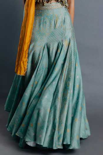 Buy Punit Balana Green Chanderi Silk High Neck Sage Embroidered Blouse Skirt Set Online at Aza Fashions Buy_Punit Balana_Green Chanderi Silk High Neck Sage Embroidered Blouse Skirt Set _Online_at_Aza_Fashions