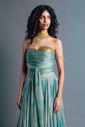 Punit Balana Green Silk, Satin Sweetheart Neck Sage Corset And Skirt Set Online at Aza Fashions Punit Balana_Green Silk, Satin Sweetheart Neck Sage Corset And Skirt Set _Online_at_Aza_Fashions