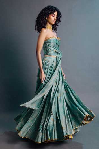 Shop Punit Balana Green Silk, Satin Sweetheart Neck Sage Corset And Skirt Set Online at Aza Fashions Shop_Punit Balana_Green Silk, Satin Sweetheart Neck Sage Corset And Skirt Set _Online_at_Aza_Fashions