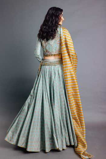 Shop_Punit Balana_Green Chanderi Silk, Organza Plunge , Open Sage Koti Lehenga Set _Online_at_Aza_Fashions