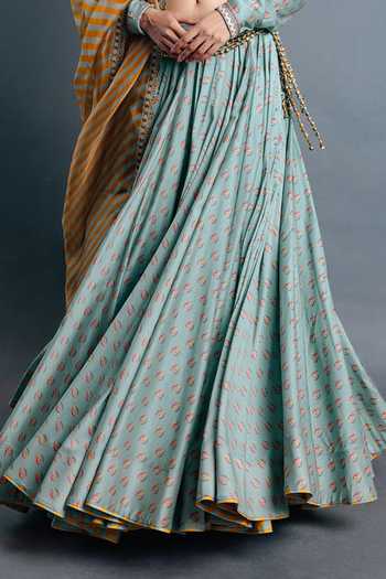 Punit Balana_Green Chanderi Silk, Organza Plunge , Open Sage Koti Lehenga Set _at_Aza_Fashions