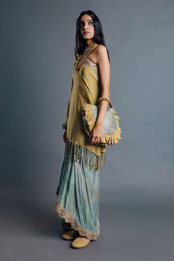 Punit Balana Green Silk, Satin Halter Neck, Asymmetric Neck, One Shoulder Top And Skirt Set Online at Aza Fashions Punit Balana_Green Silk, Satin Halter Neck, Asymmetric Neck, One Shoulder Top And Skirt Set _Online_at_Aza_Fashions