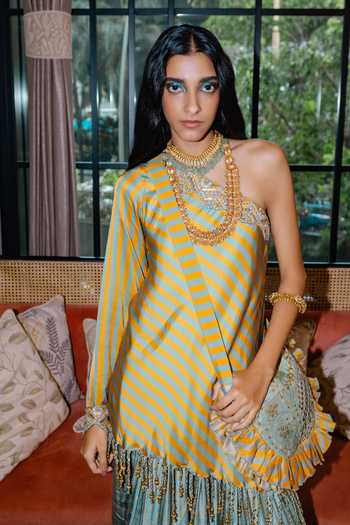 Punit Balana Green Silk, Satin Halter Neck, Asymmetric Neck, One Shoulder Top And Skirt Set at Aza Fashions Punit Balana_Green Silk, Satin Halter Neck, Asymmetric Neck, One Shoulder Top And Skirt Set _at_Aza_Fashions