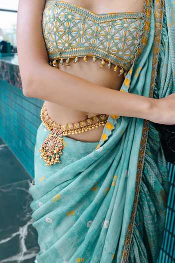 Punit Balana Green Silk, Satin Halter Neck Sage Pre-draped Saree With Embroidered Blouse Online at Aza Fashions Punit Balana_Green Silk, Satin Halter Neck Sage Pre-draped Saree With Embroidered Blouse _Online_at_Aza_Fashions