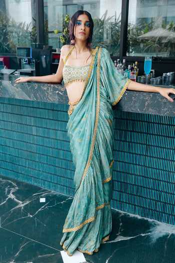Punit Balana Sage Pre-Draped Saree With Embroidered Blouse 