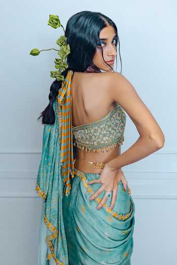 Punit Balana Sage Pre-Draped Saree With Embroidered Blouse 