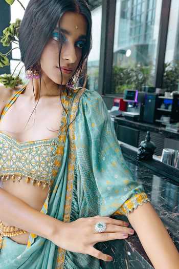 Buy Punit Balana Green Silk, Satin Halter Neck Sage Pre-draped Saree With Embroidered Blouse Online at Aza Fashions Buy_Punit Balana_Green Silk, Satin Halter Neck Sage Pre-draped Saree With Embroidered Blouse _Online_at_Aza_Fashions