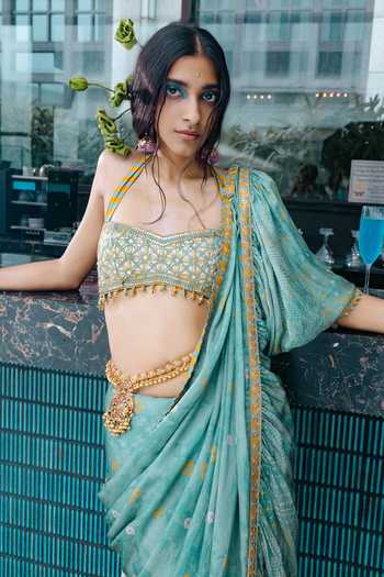 Shop Punit Balana Green Silk, Satin Halter Neck Sage Pre-draped Saree With Embroidered Blouse Online at Aza Fashions Shop_Punit Balana_Green Silk, Satin Halter Neck Sage Pre-draped Saree With Embroidered Blouse _Online_at_Aza_Fashions