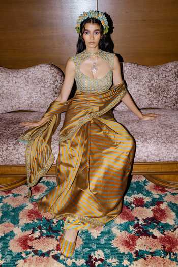 Punit Balana Mustard Saree With Embroidered Blouse 