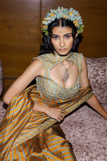 Punit Balana Mustard Saree With Embroidered Blouse 