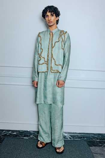 Shop Punit Balana Green Satin, Linen Sage Moh Embroidered Bundi Set Online at Aza Fashions Shop_Punit Balana_Green Satin, Linen Sage Moh Embroidered Bundi Set _Online_at_Aza_Fashions