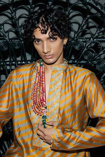 Punit Balana Green Silk, Organza, Satin, Linen Mustard Leheriya Pattern Kurta Set Online at Aza Fashions Punit Balana_Green Silk, Organza, Satin, Linen Mustard Leheriya Pattern Kurta Set _Online_at_Aza_Fashions