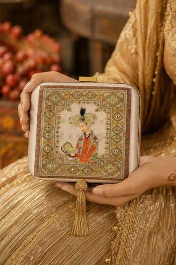 Puneet Gupta Beige Mughal Court Emperor Miniature Art Clutch Bag at Aza Fashions Puneet Gupta_Beige Mughal Court Emperor Miniature Art Clutch Bag _at_Aza_Fashions