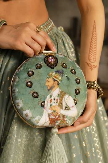 Buy_Puneet Gupta_Green Shehzada Portrait Round Clutch Bag _Online_at_Aza_Fashions
