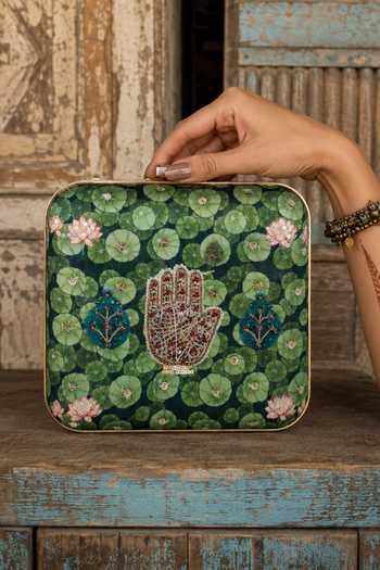 Buy Puneet Gupta Green Jewel Palm And Lotus Pond Print Clutch Bag Online at Aza Fashions Buy_Puneet Gupta_Green Jewel Palm And Lotus Pond Print Clutch Bag _Online_at_Aza_Fashions