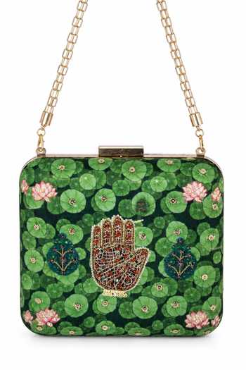 Shop Puneet Gupta Green Jewel Palm And Lotus Pond Print Clutch Bag Online at Aza Fashions Shop_Puneet Gupta_Green Jewel Palm And Lotus Pond Print Clutch Bag _Online_at_Aza_Fashions