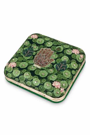 Puneet Gupta Green Jewel Palm And Lotus Pond Print Clutch Bag at Aza Fashions Puneet Gupta_Green Jewel Palm And Lotus Pond Print Clutch Bag _at_Aza_Fashions