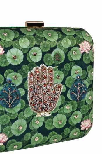 Buy Puneet Gupta Green Jewel Palm And Lotus Pond Print Clutch Bag Buy_Puneet Gupta_Green Jewel Palm And Lotus Pond Print Clutch Bag