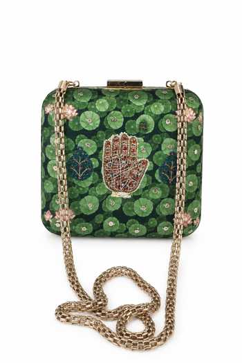 Shop Puneet Gupta Green Jewel Palm And Lotus Pond Print Clutch Bag Shop_Puneet Gupta_Green Jewel Palm And Lotus Pond Print Clutch Bag