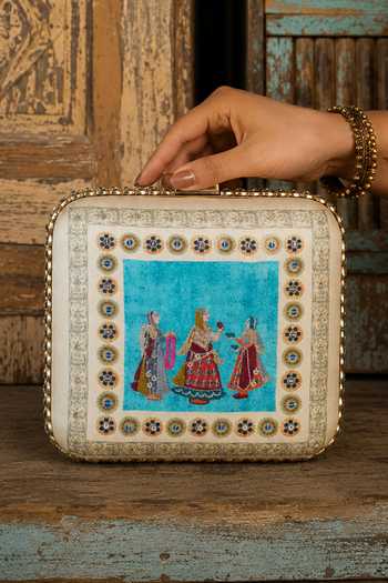 Buy Puneet Gupta Blue Royal Courtesan Miniature Art Clutch Bag Buy_Puneet Gupta_Blue Royal Courtesan Miniature Art Clutch Bag