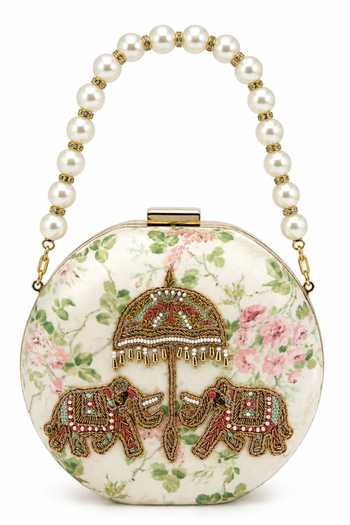 Shop Puneet Gupta Cream Jaipur Elephant Hand-embroidered Round Clutch Online at Aza Fashions Shop_Puneet Gupta_Cream Jaipur Elephant Hand-embroidered Round Clutch _Online_at_Aza_Fashions