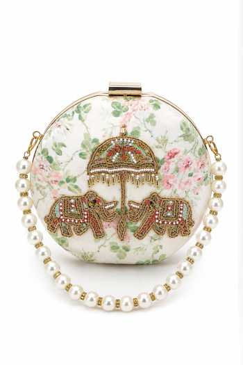 Puneet Gupta Cream Jaipur Elephant Hand-embroidered Round Clutch at Aza Fashions Puneet Gupta_Cream Jaipur Elephant Hand-embroidered Round Clutch _at_Aza_Fashions