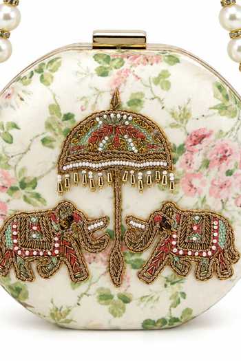 Buy Puneet Gupta Cream Jaipur Elephant Hand-embroidered Round Clutch Buy_Puneet Gupta_Cream Jaipur Elephant Hand-embroidered Round Clutch