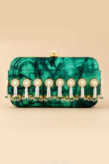 Puneet Gupta Pearl Tassel Printed Clutch