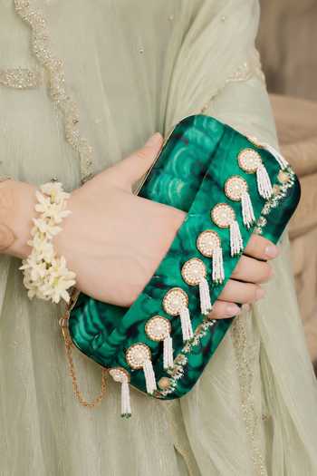 Puneet Gupta_Green Pearl Tassel Printed Clutch _Online_at_Aza_Fashions