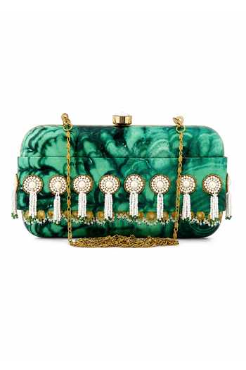 Buy_Puneet Gupta_Green Pearl Tassel Printed Clutch _Online_at_Aza_Fashions