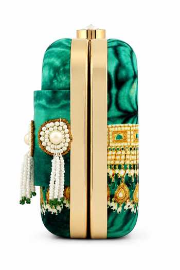 Shop_Puneet Gupta_Green Pearl Tassel Printed Clutch _Online_at_Aza_Fashions
