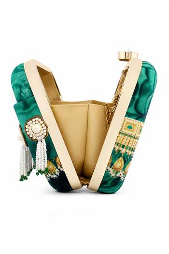Puneet Gupta_Green Pearl Tassel Printed Clutch _at_Aza_Fashions