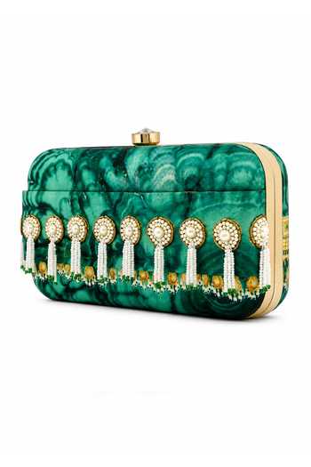 Buy_Puneet Gupta_Green Pearl Tassel Printed Clutch 