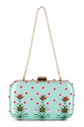 Shop Puneet Gupta Green Mughal Painting Inspired Clutch Bag Online at Aza Fashions Shop_Puneet Gupta_Green Mughal Painting Inspired Clutch Bag _Online_at_Aza_Fashions